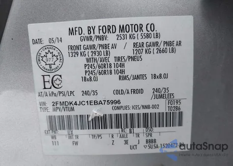 2014 Ford Edge Sel из США, поврежденный, VIN 2FMDK4JC1EBA75996